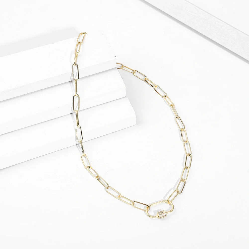 Oval Gold Narrow Chain Link Necklace Minimalist Paperclip Crystal Rhinestone - Picture 2 of 3
